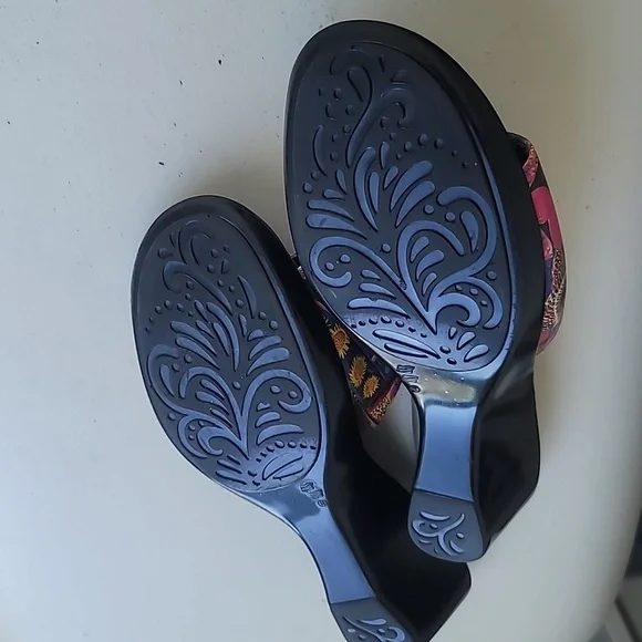 Women's Shoes Sz 6 Purple Painted Leather Open Toe Sandals Slides Wedge Tropical - Picture 7 of 9